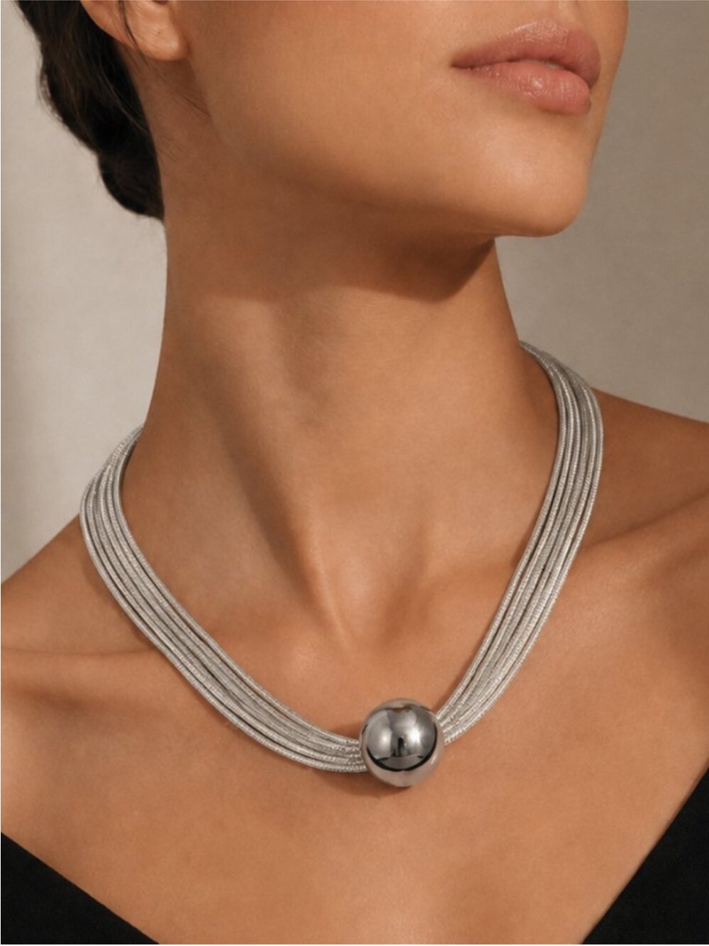 ✨ Silver-Tone Multi-Strand Statement Necklace Sculptural Ball Collar